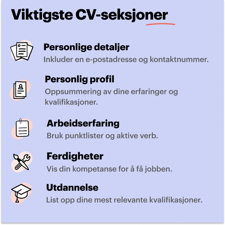 Viktigste CV seksjoner Beskriver de viktigste seksjonene på en salgssjef CV