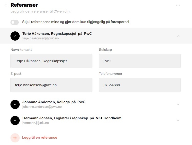 nevne referanser på CV-en din med CVMaker