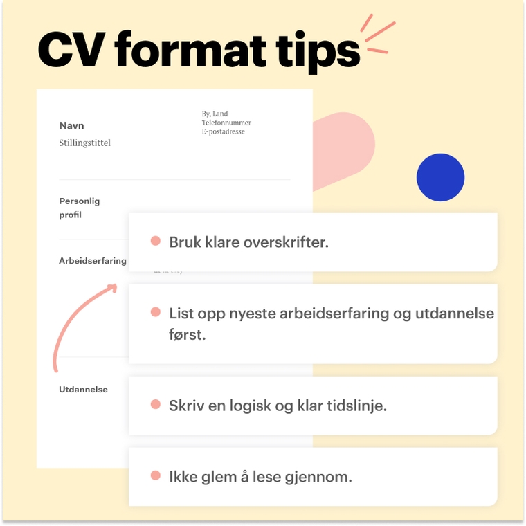 Liste over hva slags format en programvareutvikler bør ha på sin CV